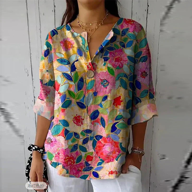 Elegant Floral Button-Up Long Sleeve Blouse for Women