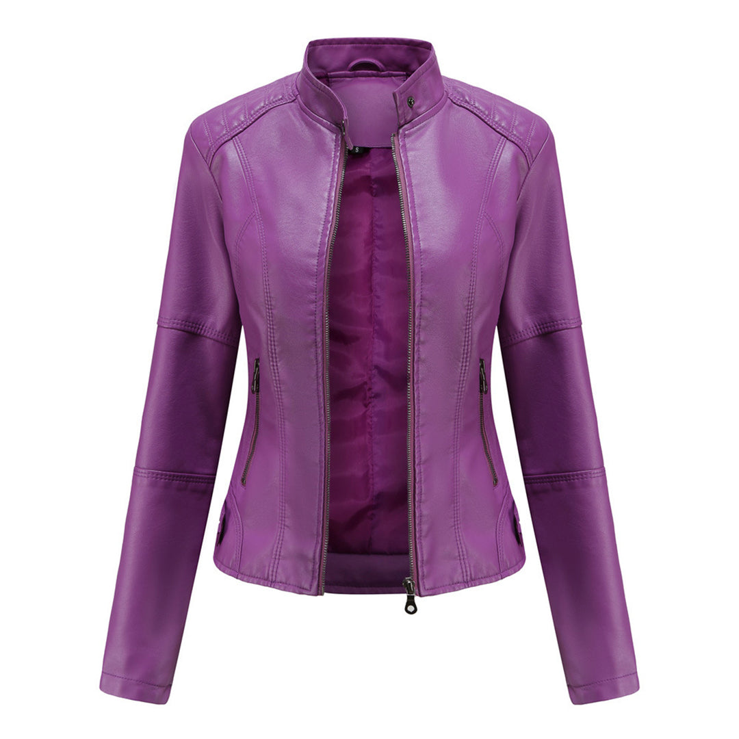 Women's Biker Jacket - Front Zipper with Quilted Detail
