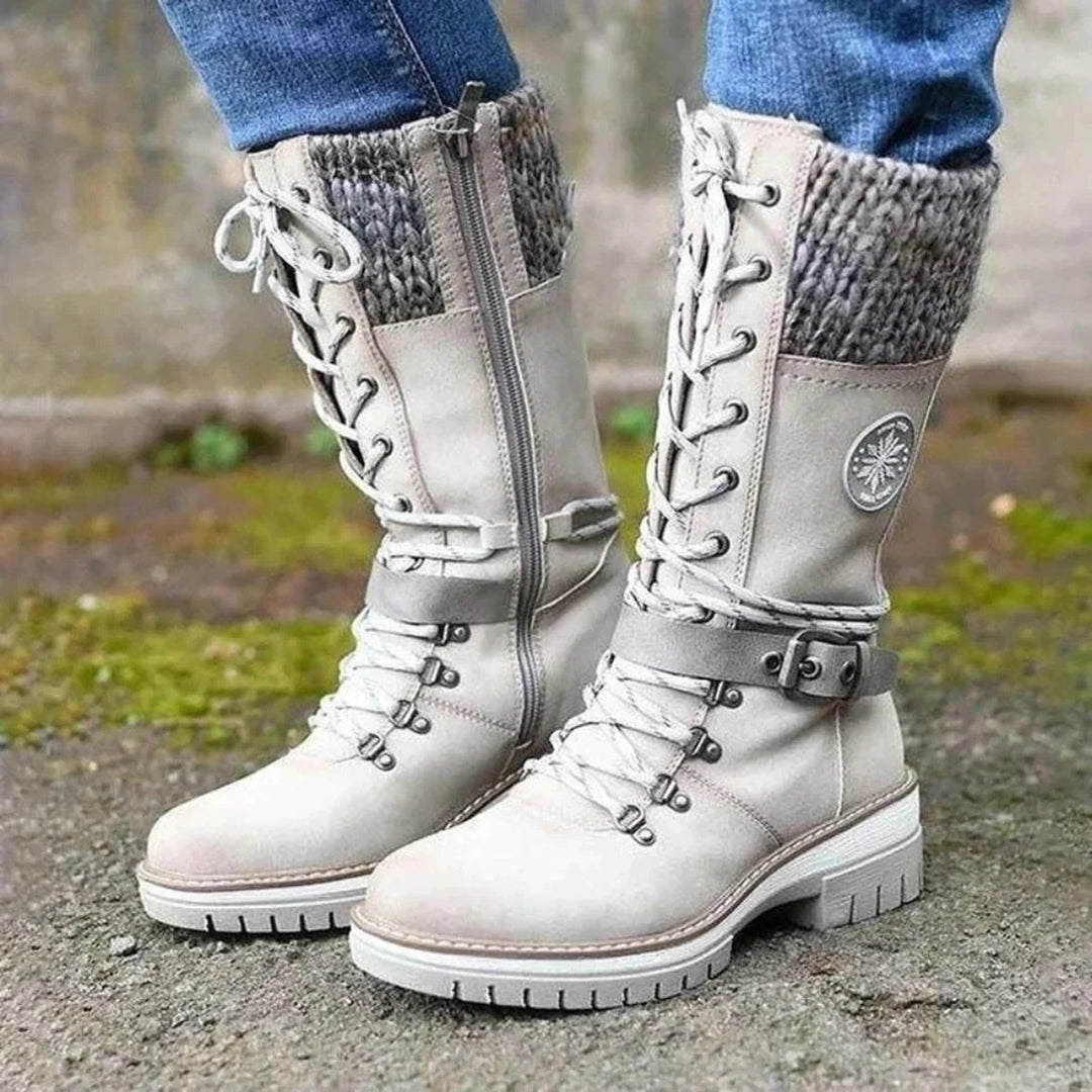 Women's Knee-High Boots - Lace-Up with Knit Cuff and Side Zip