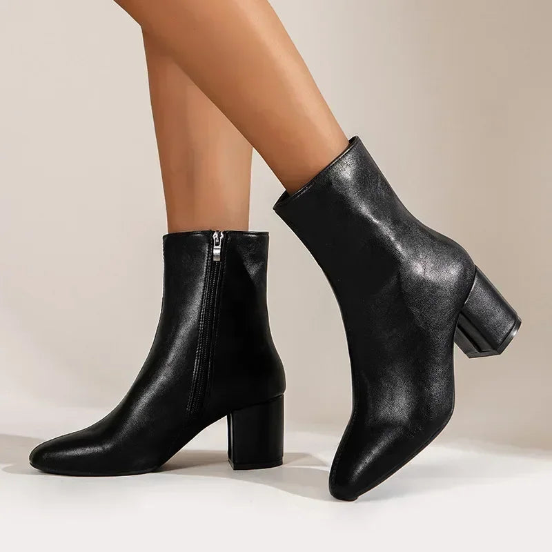 Women's Boots - Chunky Block Heel with Square Toe