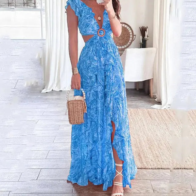 Wedding Guest Dress, Floral Ruffle Maxi Dress, Red Blue Pink