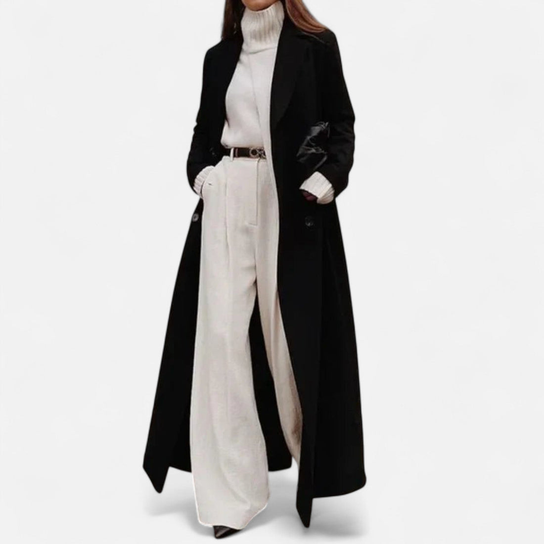 Women's Black Maxi Coat - Notch Lapel with Button Closure