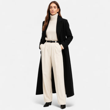 Women's Black Maxi Coat - Notch Lapel with Button Closure
