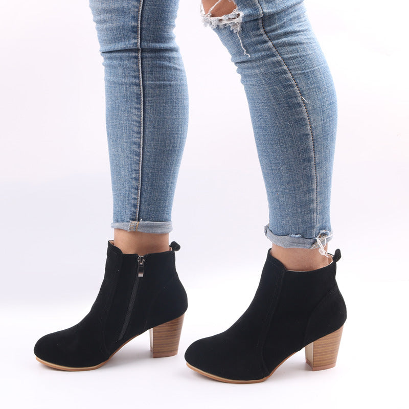 Women's Suede Ankle Boots - Chunky Heel & Side Zip