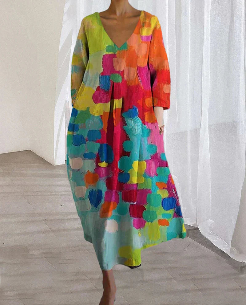 Vibrant Printed V-Neck Dress for Women | Clara
