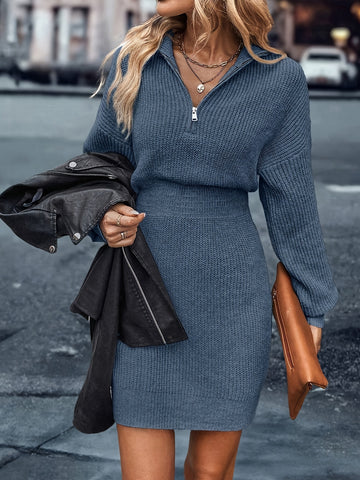 V-Neck Knit Sweater Dress with Zipper Detail for Women | Brielle
