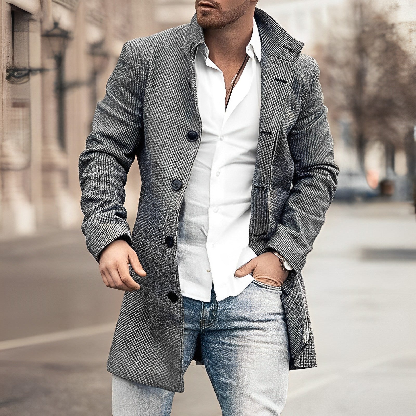 Men's Plaid Overcoat - Button Front with Side Pockets