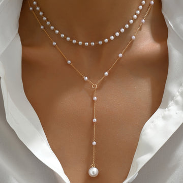 Women's Gold Layered Necklace - Chain with Pearls