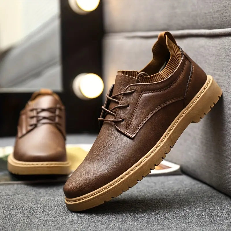 Men's Brown Leather Shoes - Classic Non-Slip Lace-Ups