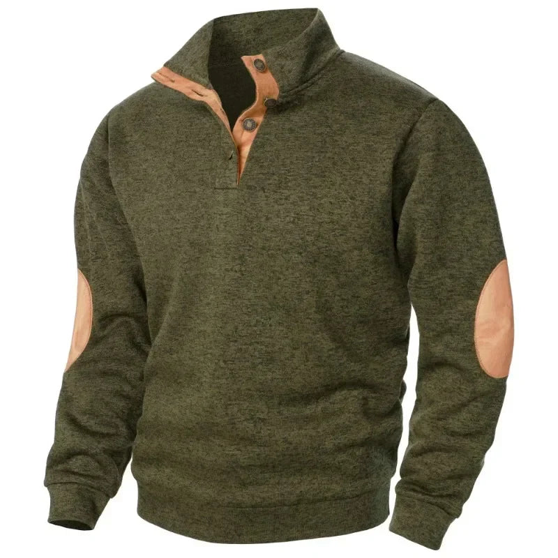 Men's Button Neck Jumper - Pullover Style with Elbow Patches