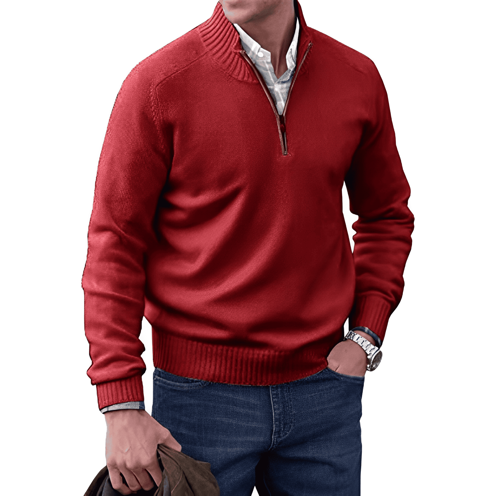 Men's Jumper - Quarter-Zip with Ribbed Cuffs