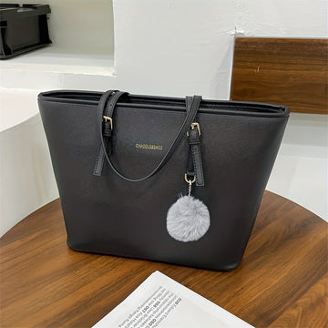 Women's Black Leather Tote Bag - Stylish Retro with Pompom Charm