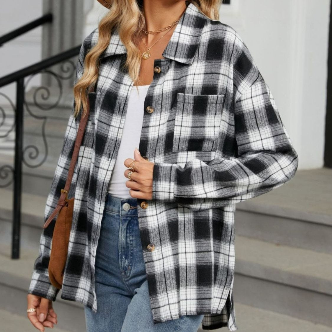 Women's Plaid Shirt - Button-Front with Chest Pockets