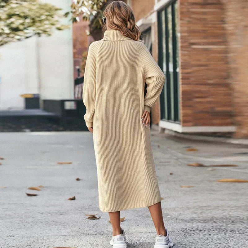 Women's Knitted Jumper Dress - Roll neck with Midi Length