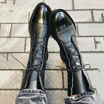Women's Black Ankle Biker Boots - Lace-Up Front Combat Style Design