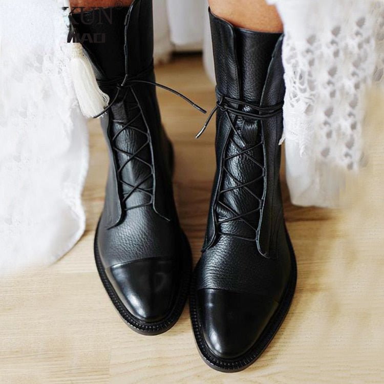 Women's Black Ankle Biker Boots - Lace-Up Front Combat Style Design