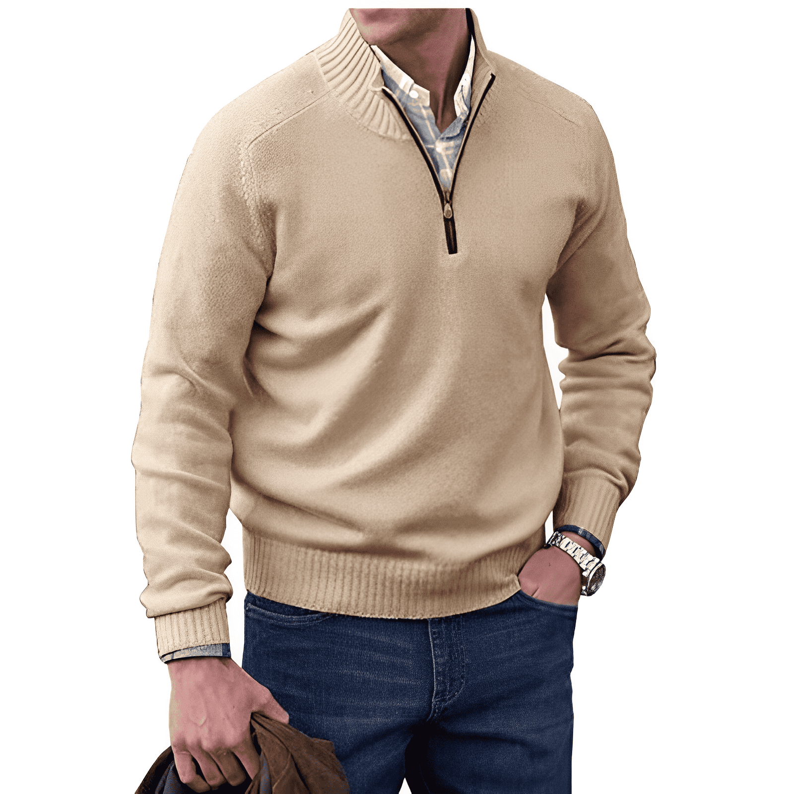Men's Jumper - Quarter-Zip with Ribbed Cuffs
