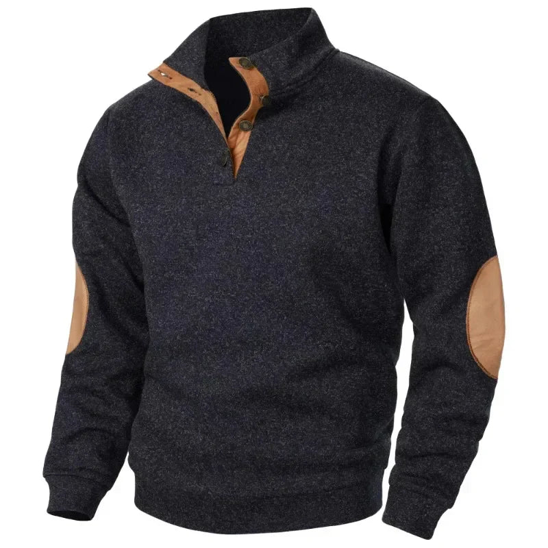 Men's Button Neck Jumper - Pullover Style with Elbow Patches
