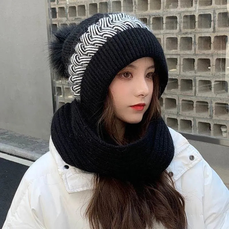 Women's Pom-Pom Beanie - Knitted Balaclava Scarf with Hood