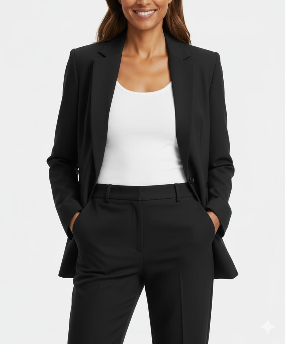 Person wearing a black suit jacket and pants with a white top on a light gray background