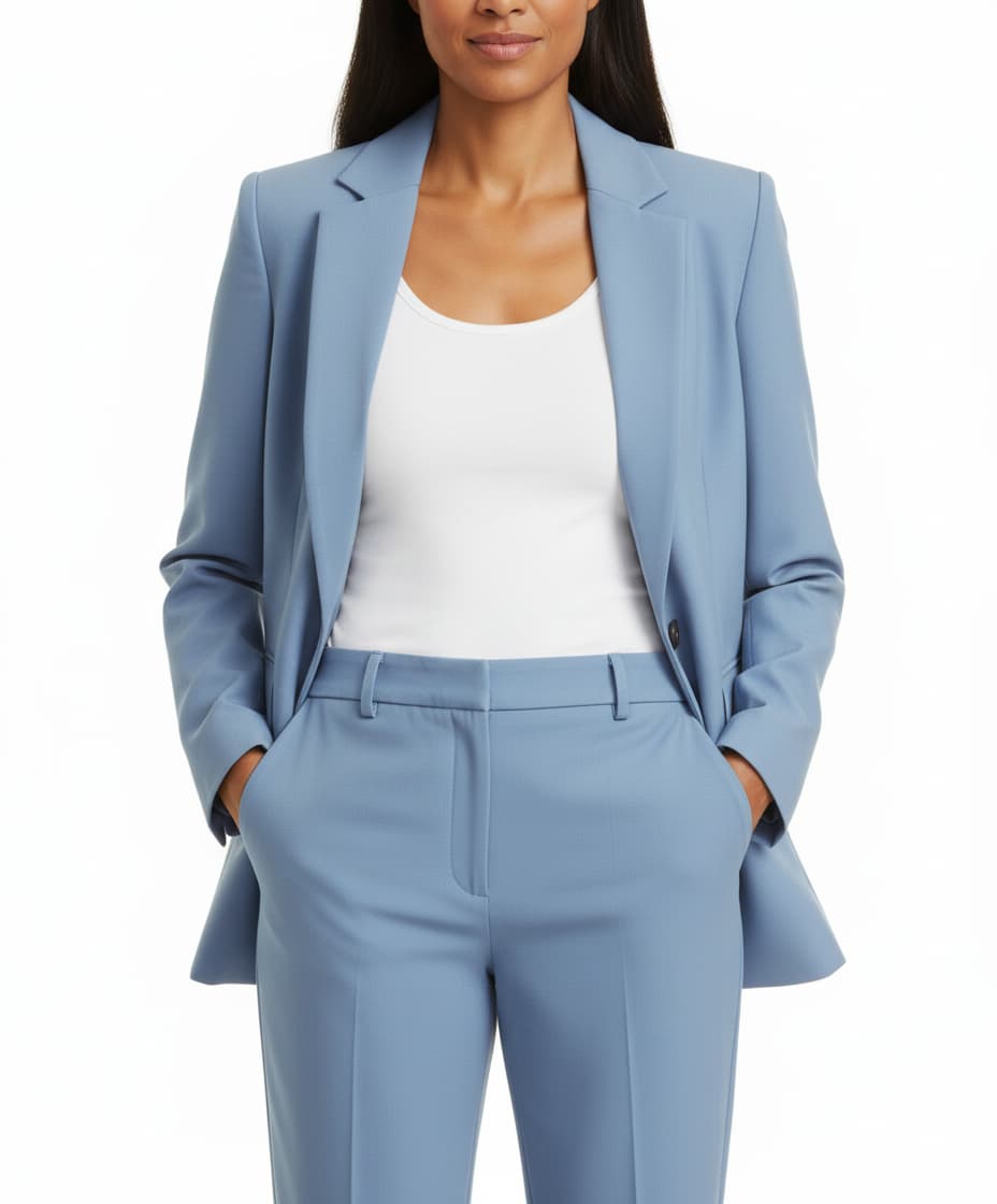 Woman wearing a light blue suit with a white top on a white background