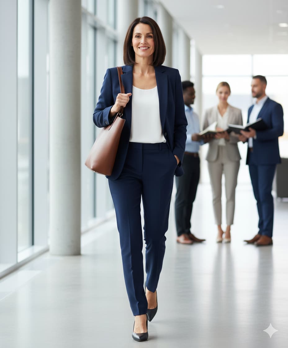 Woman in a blue suit walking in an office hallway with colleagues in the background