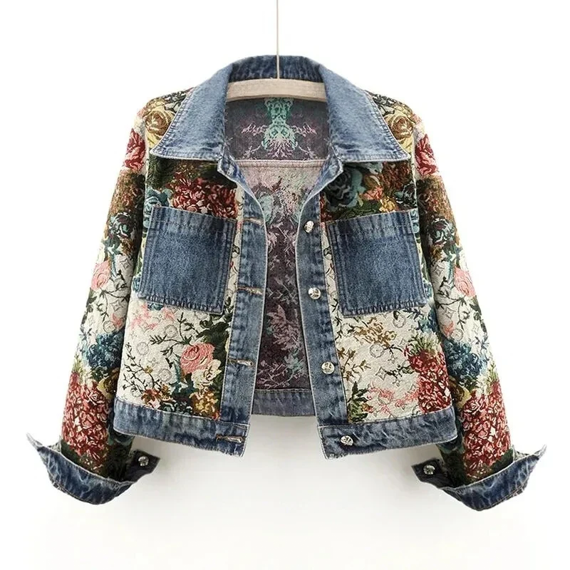 Women's Floral Denim Jacket - Vintage Look Hand-Painted Organic