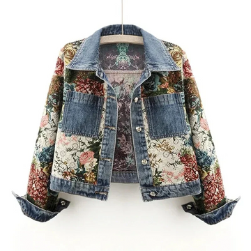 Women's Floral Denim Jacket - Vintage Look Hand-Painted Organic