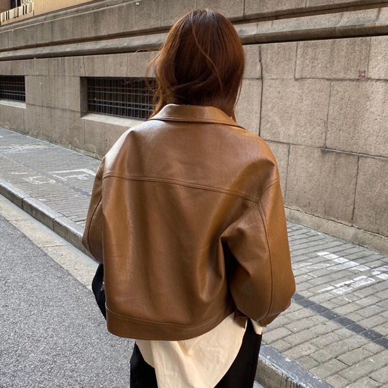 Women's Brown Leather Jacket - Cropped Style with Shirt Collar