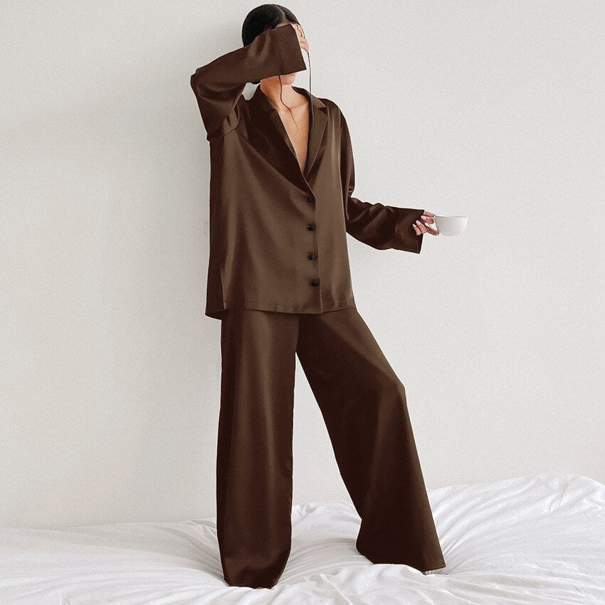 Women's Pyjama Set - Wide-Leg Trousers & Button-Down Shirt