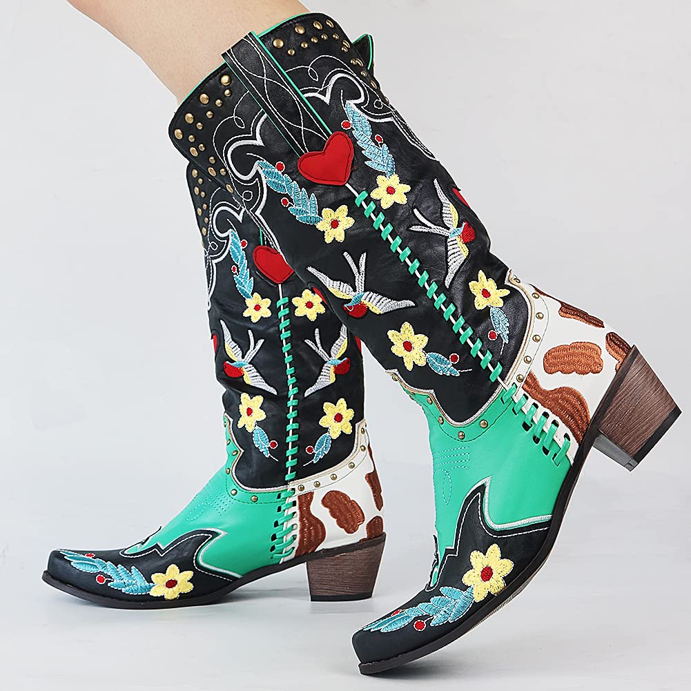 Women's Vintage Multicolour Floral Embroidered Cowboy Boots - Comfortable