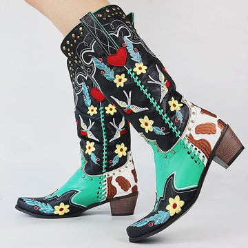 Women's Vintage Multicolour Floral Embroidered Cowboy Boots - Comfortable