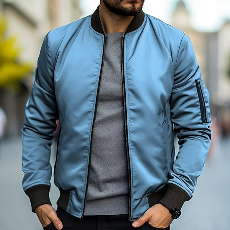 Men's Bomber Jacket - Ribbed Trim and Zippered Sleeve Pocket