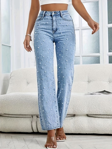 Women's Light Blue Straight-Leg Jeans - High-Waisted & Pearl Embellishments