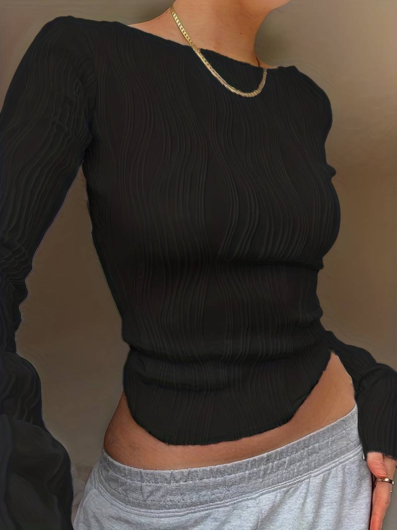 Women's Long Sleeve Top - Fitted with 3D Textured Pattern