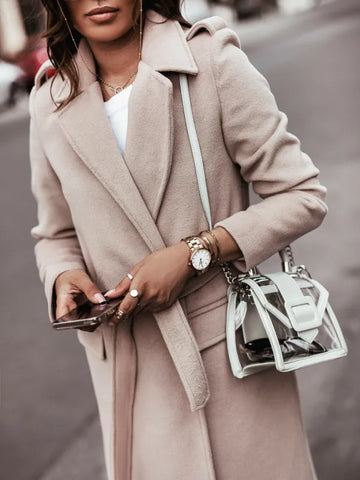 Women's Formal Longline Coat - Waist Belt and Notch Lapel Design