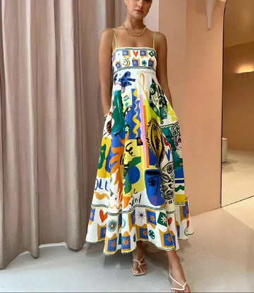 Colourful Linen Midi Dress with Artistic Print for Women