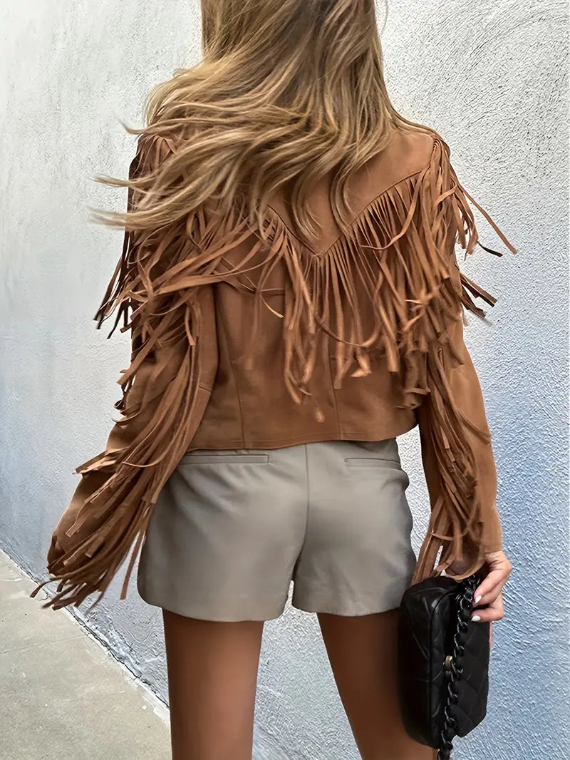 Women's Brown Jacket - Fringe Trim with Cropped Fit