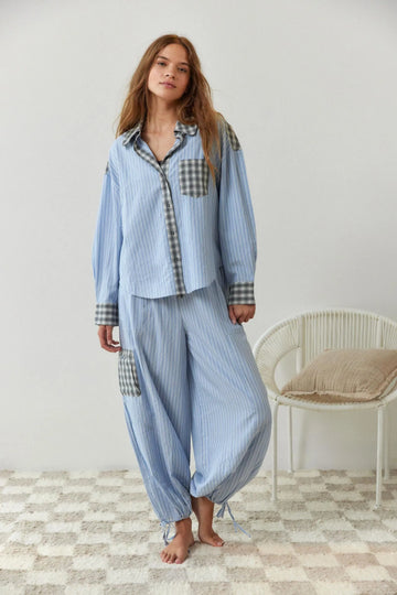 Women's Two-Piece Pyjama Set - Striped with Checked Trim