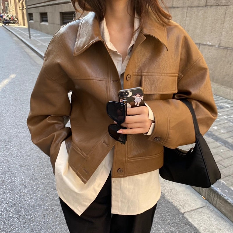 Women's Brown Leather Jacket - Cropped Style with Shirt Collar