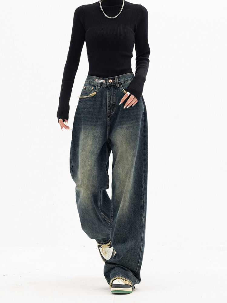 Women's Blue Grey Baggy Wide-Leg Jeans - High-Rise Fit