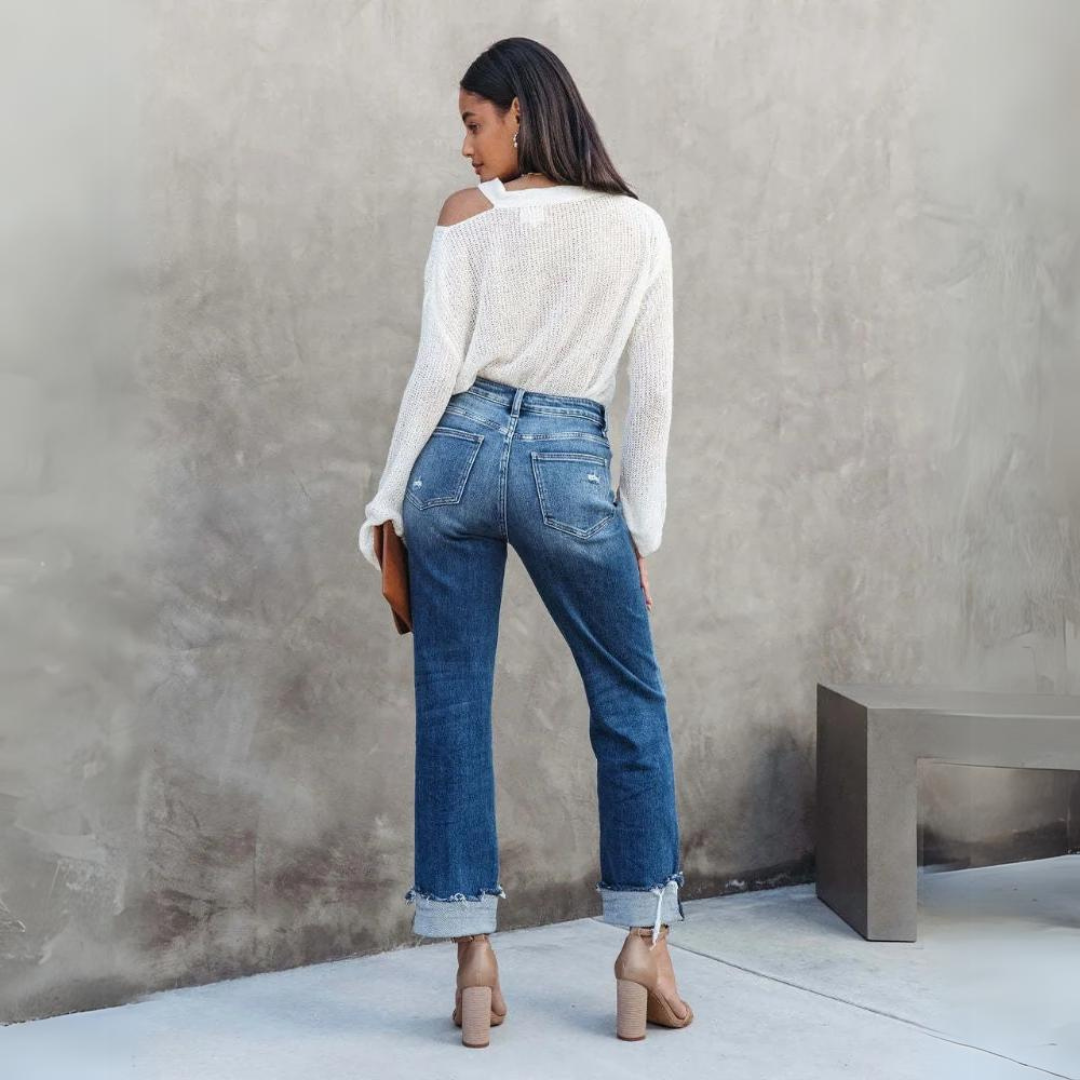 Women's High-Waist Straight-Leg Jeans – Rolled Cuffs and Faded Wash