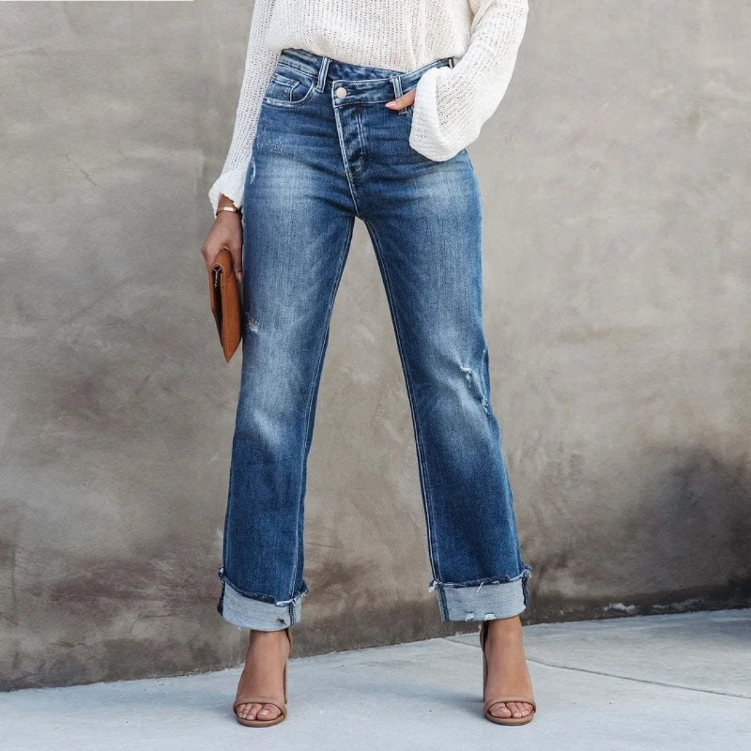 Women's High-Waist Straight-Leg Jeans – Rolled Cuffs and Faded Wash