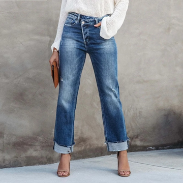 Women's High-Waist Straight-Leg Jeans – Rolled Cuffs and Faded Wash