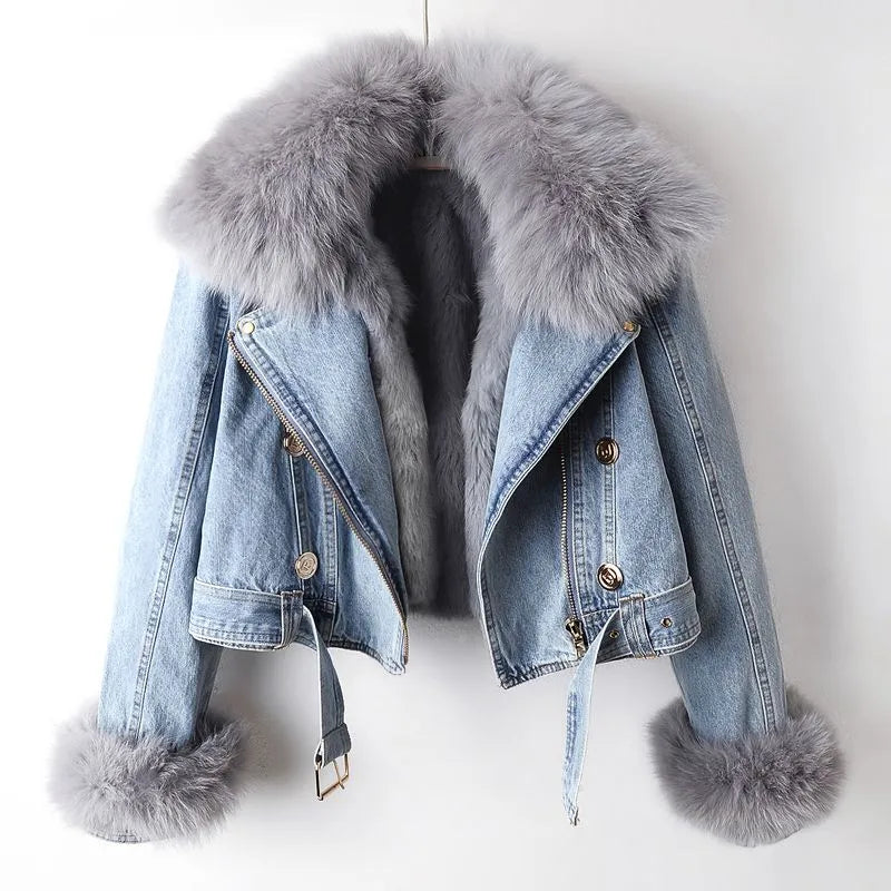 Women's Blue Denim Jacket - Faux Fur Collar & Cuffs Winter