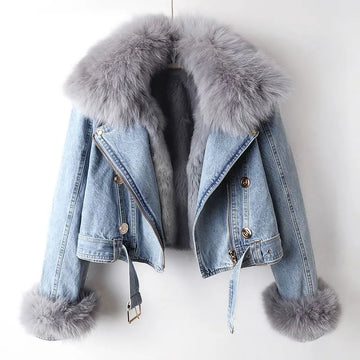 Women's Blue Denim Jacket - Faux Fur Collar & Cuffs Winter