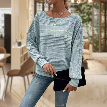 Women's Long Sleeve Top - Striped Knit & Balloon Sleeves