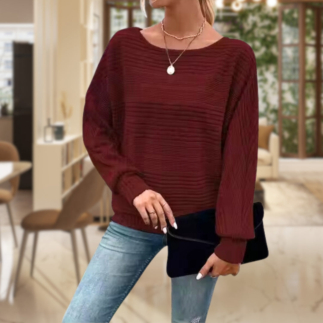 Women's Long Sleeve Top - Striped Knit & Balloon Sleeves