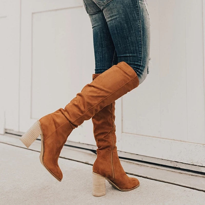 Women's Knee-High Boots - Side Zip with Stacked Heel Design