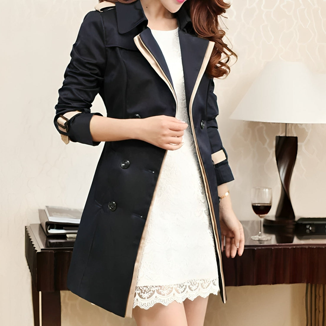 Women's Elegant Two-Tone Long Trench Coat - Comfortable & Warm
